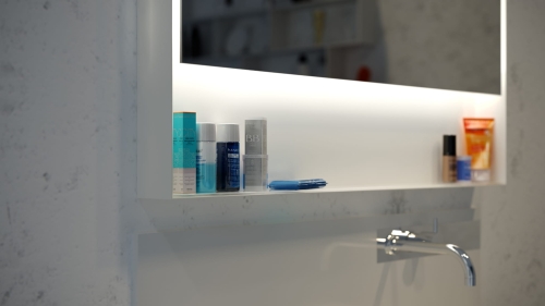 Lustro z półką w białej ramie ZARIA z oświetleniem LED - zbliżenie na półkę