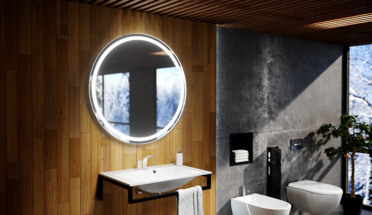 Lustro okrągłe CERCHIO R z oświetleniem LED na ścianie z drewna