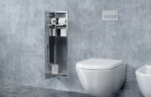Stalowy schowek WC BEND 800 na szczotkę i papier - do zabudowy w betonowej łazience
