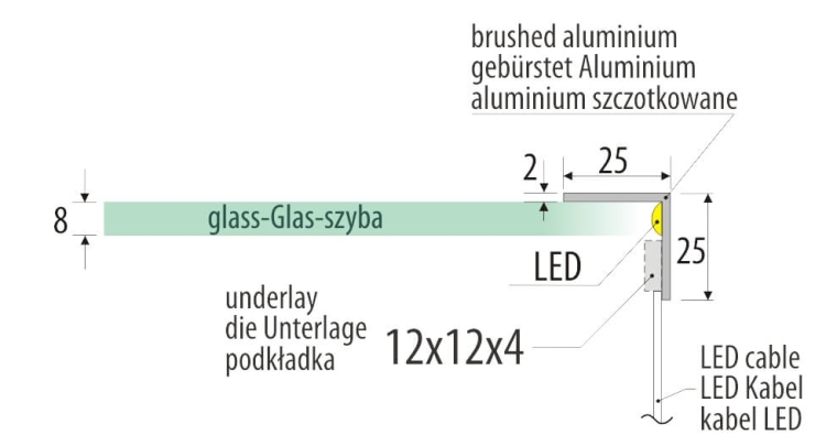 Oświetlenie do lustra daszek LED DLA - wymiary z boku