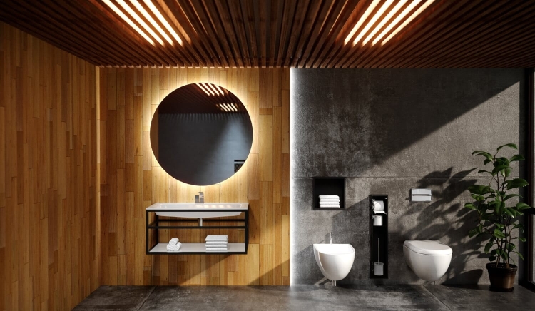 Lustro okrągłe Cerchio Z z oświetleniem LED w łazience z drewnem