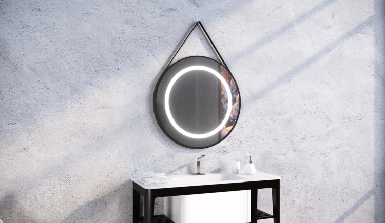 Lustro okrągłe STILO w czarnej ramie z oświetleniem LED na skórzanym pasku nad umywalką