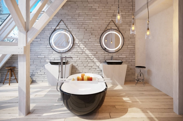 Dwa lustra okrągłe STILO w czarnej ramie z oświetleniem LED na skórzanym pasku w aranżacji łazienki