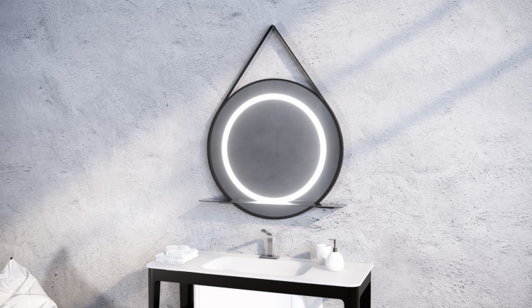 Lustro okrągłe STILO w czarnej ramie z oświetleniem LED na skórzanym pasku ze szklaną półką