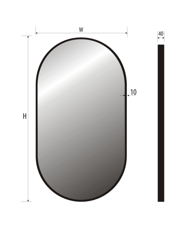 Schemat lustra LISA – rama 10 mm, głębokość całkowita 40 mm, wymiary zależne od wariantu