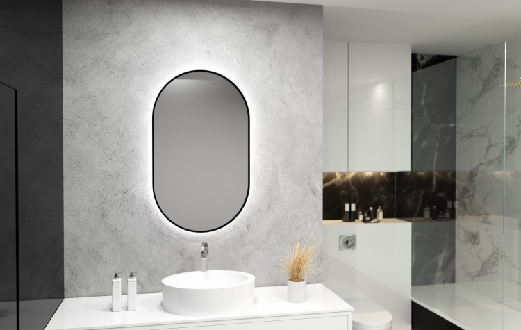 Lustro owalne LISA PLUS z oświetleniem LED w czarnej ramie w jasnej łazience
