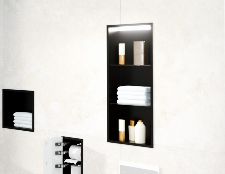 Czarna półka wnękowa FLAT 900/10 z oświetleniem LED i półką
