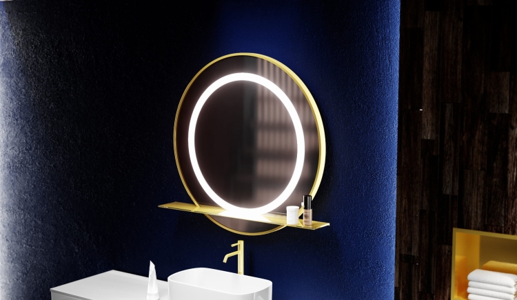 Złota szklana półka do okrągłego lustra - PLK1 na lustrze LUPE