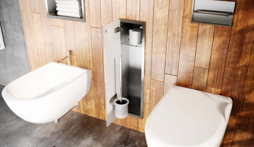 Stalowy schowek WC BEND 600 na szczotkę i papier – do zabudowy w nowoczesnej łazience