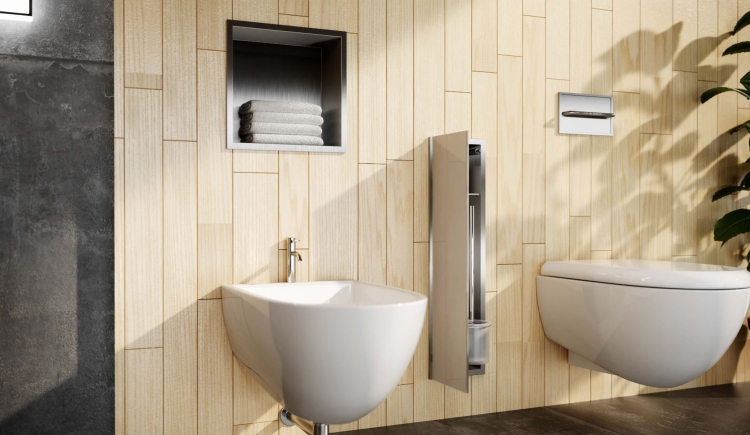 Stalowy schowek WC BEND 600 na szczotkę i papier – do zabudowy w nowoczesnej łazience