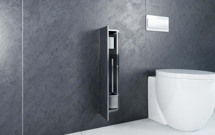 Stalowy schowek WC ZERO 600 na szczotkę i papier do zabudowy płytkami - otwarty