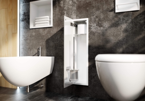 Biały schowek WC FLAT 600 na szczotkę i papier - do zabudowy w ścianie z betonu