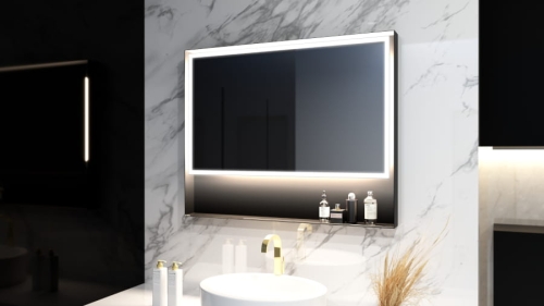 Lustro prostokątne z półką w czarnej ramie ZARIA BLACK z oświetleniem LED w aranżacji łazienki