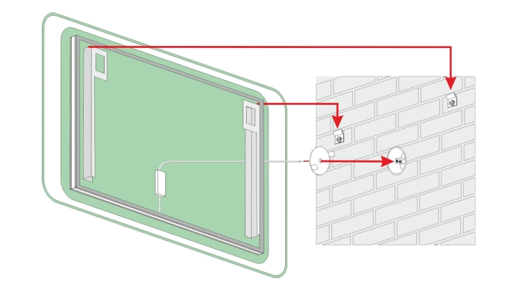 Schemat montażu lustra MARCO – widok od tyłu z oznaczeniem uchwytów