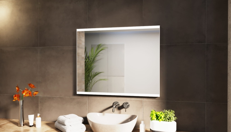 Lustro prostokątne FRAME 2 w ramie z oświetleniem LED w aranżacji łazienki