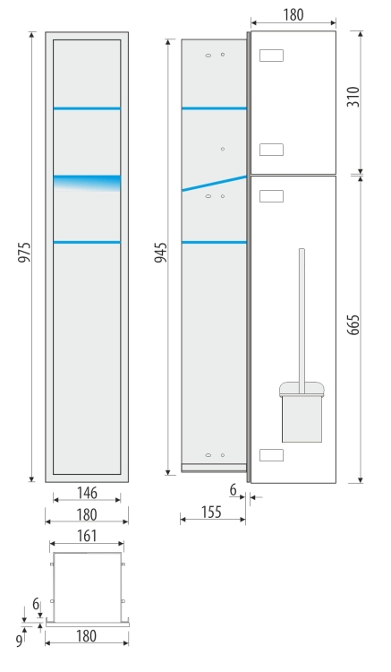 Schowek WC BEND 950 na szczotkę - rysunek techniczny