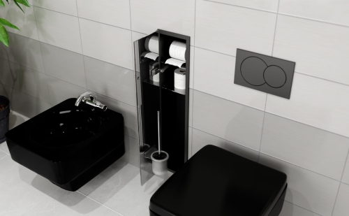 Czarny schowek WC BEND 800 na szczotkę i papier otwarty