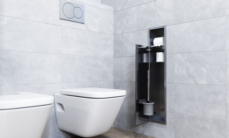 Stalowy schowek WC BEND 800 na szczotkę i papier - do zabudowy w białej łazience