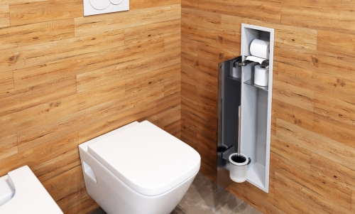 Biały schowek WC BEND 800 na szczotkę i papier - do zabudowy w nowoczesnej łazience