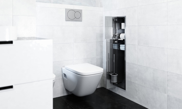 Stalowy schowek WC BEND 950 na szczotkę i papier - do zabudowy, podwójne drzwi