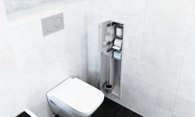 Biały schowek WC BEND 950 na szczotkę i papier - do zabudowy, podwójne drzwi