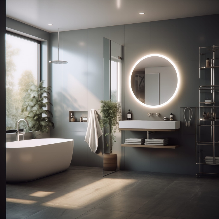 Lustro okrągłe ONYX z oświetleniem LED w aranżacji nowoczesnej łazienki