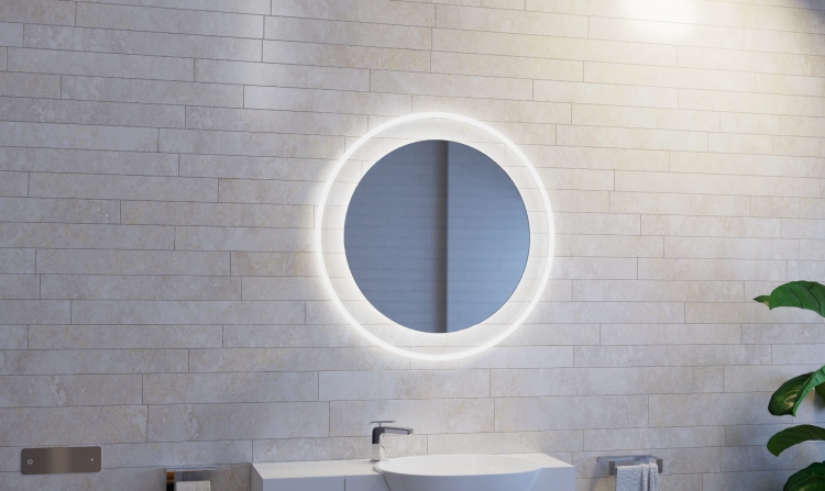 Lustro okrągłe LUXORIA z oświetleniem LED na tle beżowej ściany