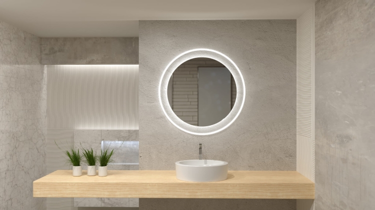 Lustro okrągłe LUXORIA z oświetleniem LED w betonowej łazience