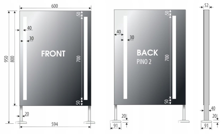 Wymiary lustra dwustronnego PINO 2 60x80 - rysunek techniczny