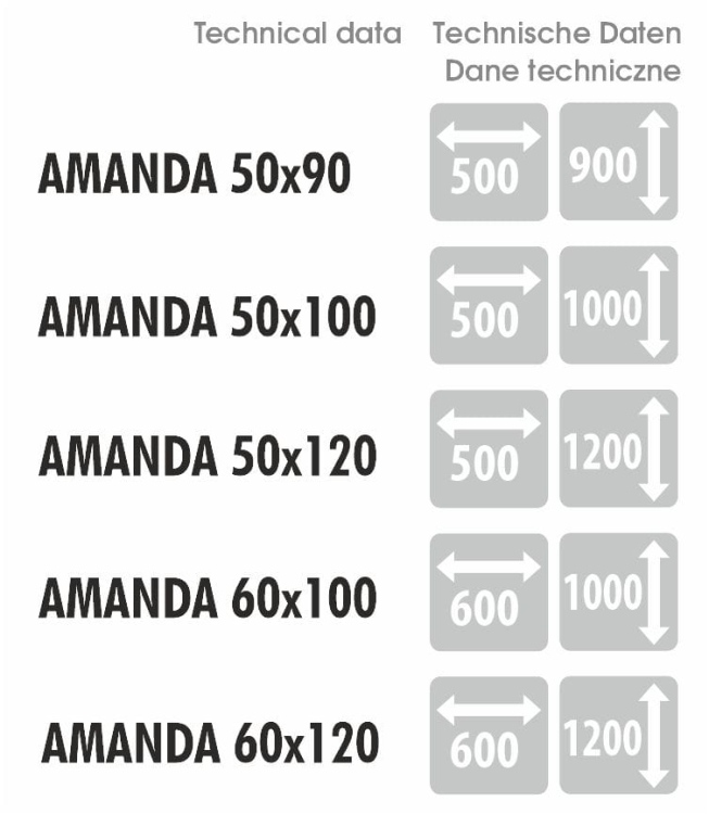 Lustro AMANDA - dostępne wymiary