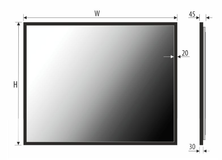 Schemat lustra ATLAS PLUS – rama 20 mm, głębokość całkowita 45 mm, wymiary zależne od wariantu