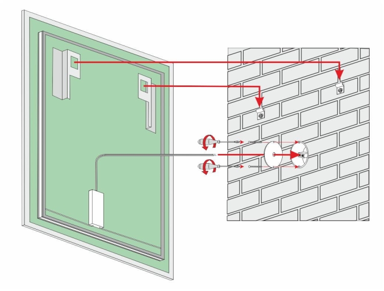 Schemat montażu lustra BLAS PLUS – widok od tyłu z oznaczeniem uchwytów