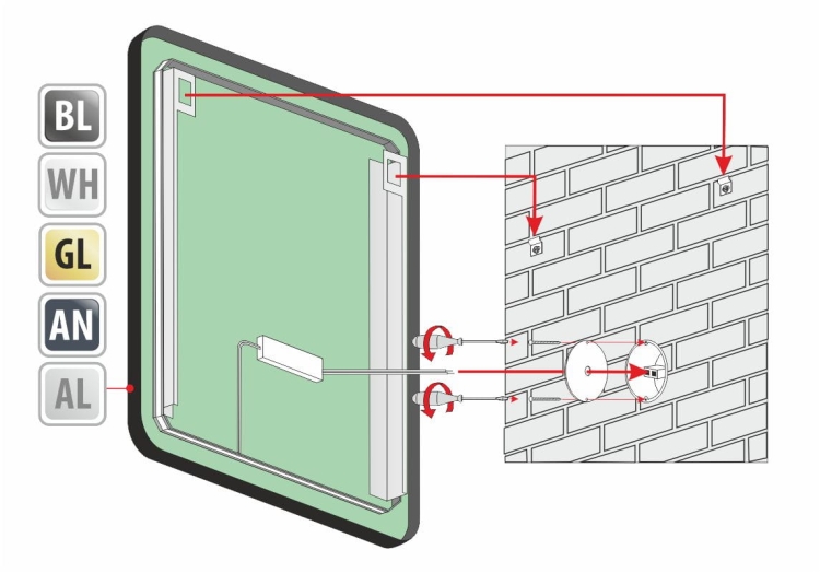 Schemat montażu lustra BONITA PLUS – widok od tyłu z oznaczeniem uchwytów