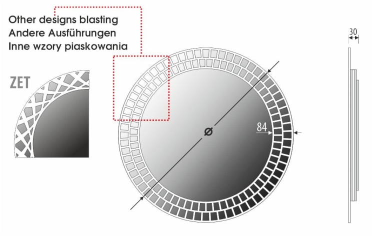 Schemat lustra CARMEN – głębokość całkowita 30 mm, średnica zależna od wariantu