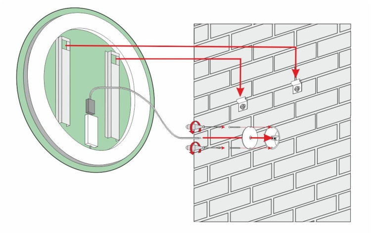 Schemat montażu lustra CERCHIO R – widok od tyłu z oznaczeniem uchwytów