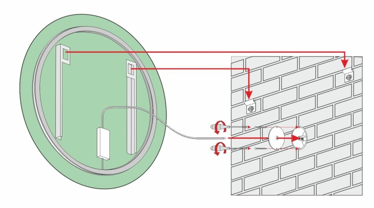 Schemat montażu lustra CERCHIO Z – widok od tyłu z oznaczeniem uchwytów