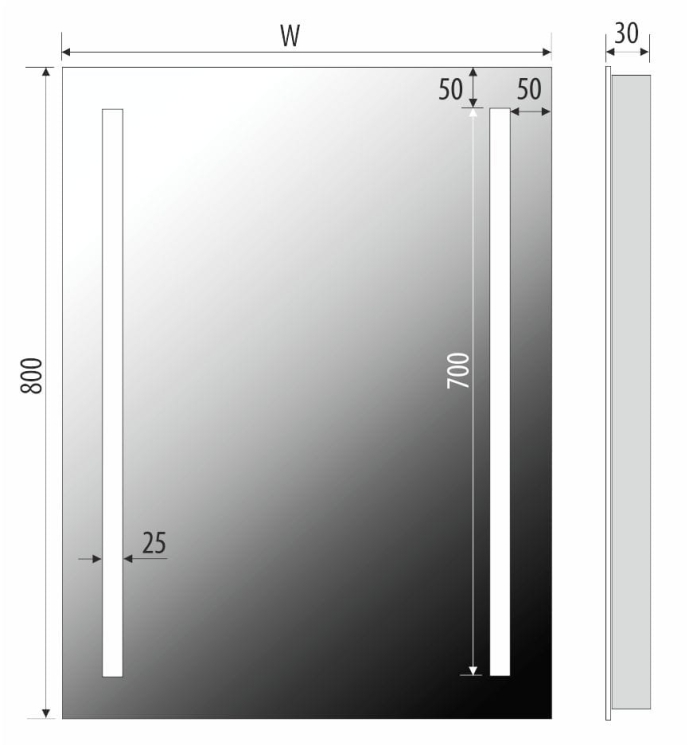 Schemat lustra CLASSIC – głębokość całkowita 30 mm, wymiary zależne od wariantu