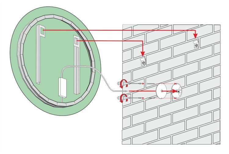 Schemat montażu lustra EASY 07 – widok od tyłu z oznaczeniem uchwytów