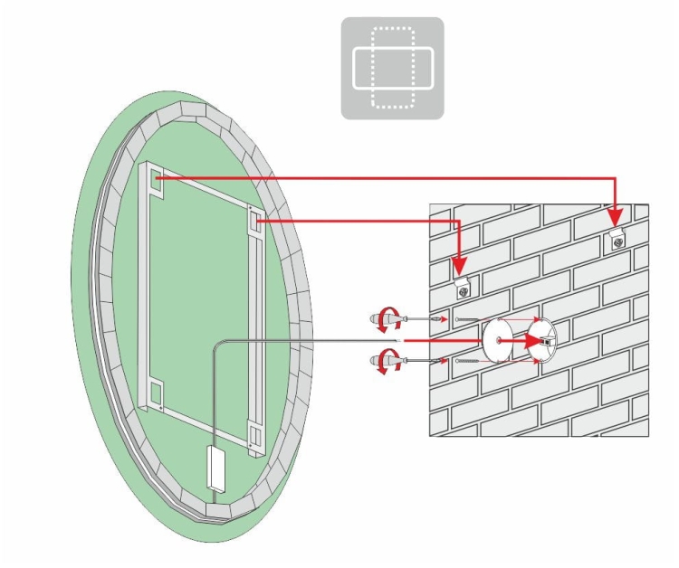 Schemat montażu lustra EASY 08 – widok od tyłu z oznaczeniem uchwytów