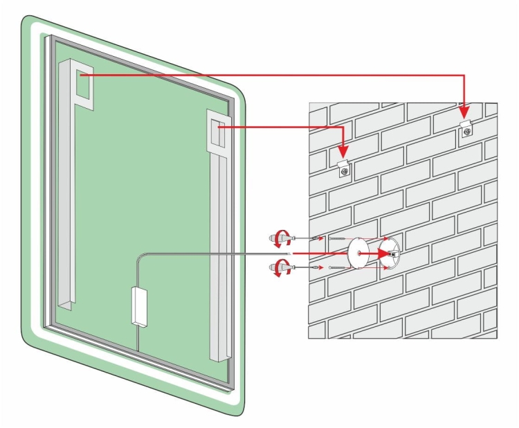 Schemat montażu lustra FORMA – widok od tyłu z oznaczeniem uchwytów