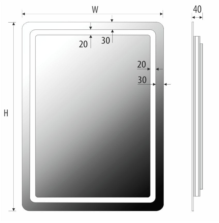 Schemat lustra FORMA - głębokość całkowita 40 mm, wymiary zależne od wariantu