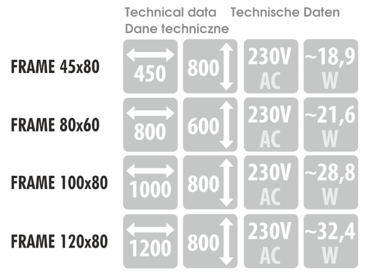 Lustro Frame - dostępne wymiary