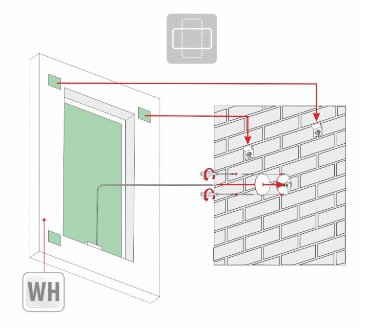 Schemat montażu lustra FRAME – widok od tyłu z oznaczeniem uchwytów