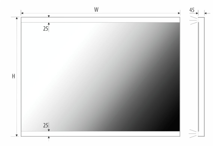Schemat lustra FRAME 2 –  głębokość całkowita 45 mm, wymiary zależne od wariantu