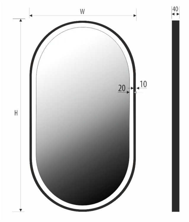Schemat lustra LAURA – rama 10 mm, głębokość całkowita 40 mm, wymiary zależne od wariantu