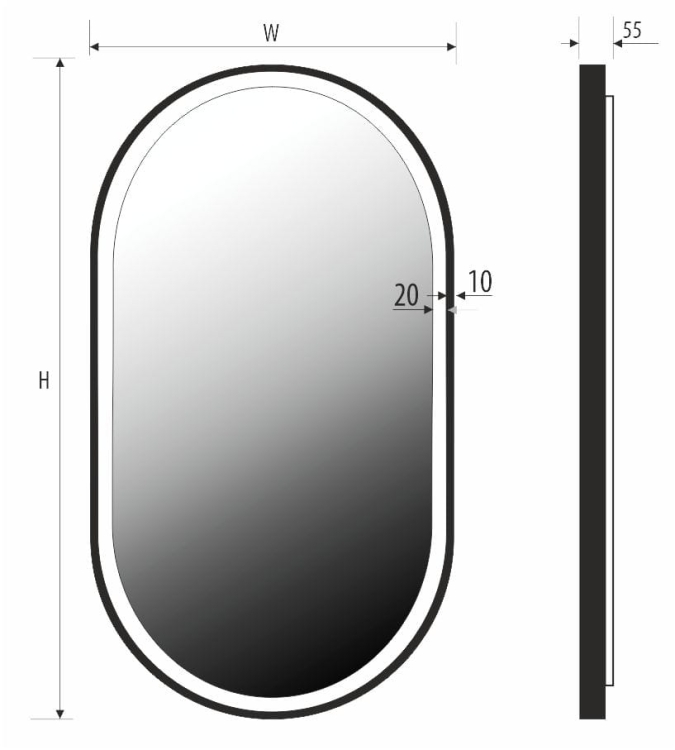 Schemat lustra LAURA PLUS – rama 10 mm, głębokość całkowita 55 mm, wymiary zależne od wariantu