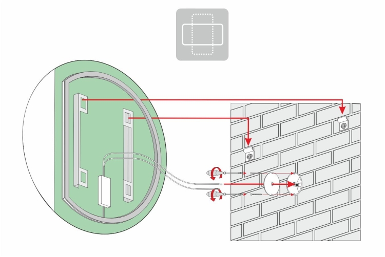 Schemat montażu lustra LUNA – widok od tyłu z oznaczeniem uchwytów