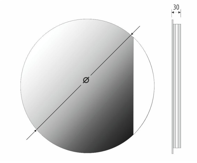 Schemat lustra LUNA –  głębokość całkowita 30 mm, średnica zależna od wariantu