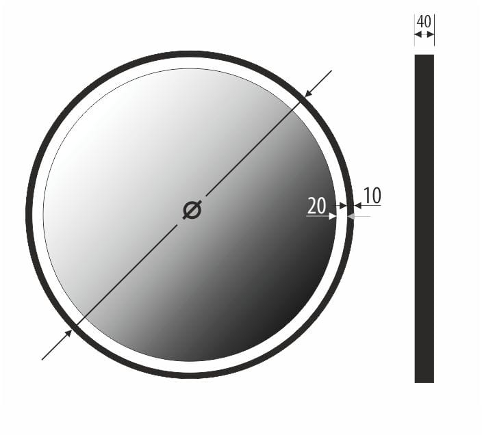 Schemat lustra LUPE – rama 10 mm, głębokość całkowita 40 mm, średnica zależna od wariantu