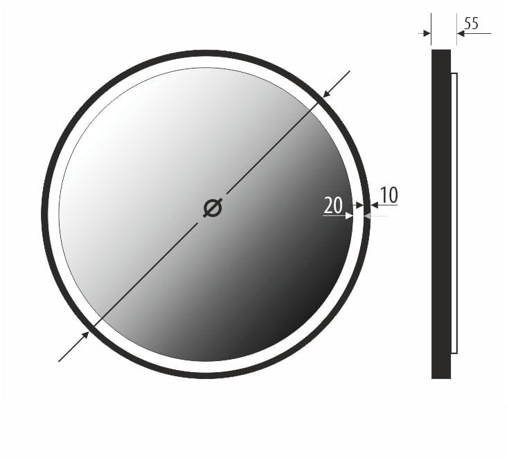 Schemat lustra SELENA PLUS – rama 10 mm, głębokość całkowita 55 mm, średnica zależna od wariantu